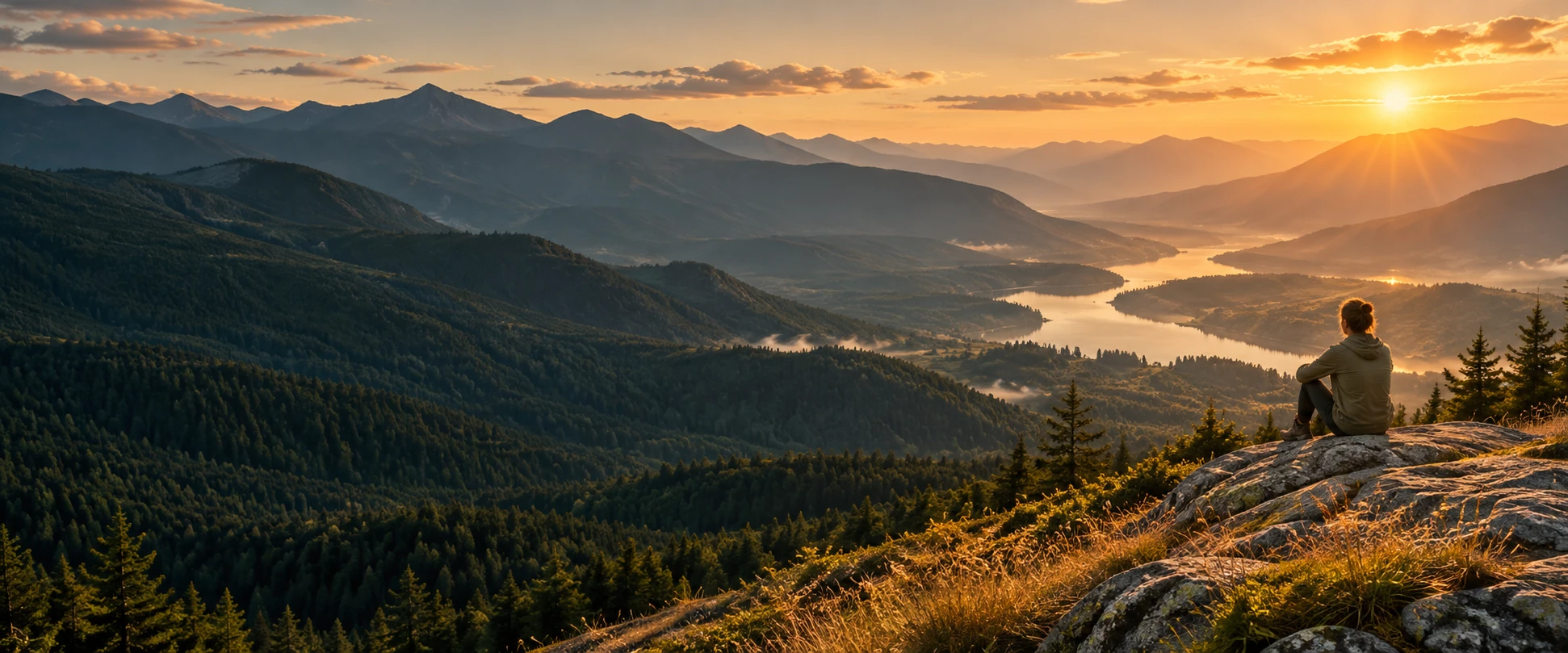 A mountain valley and lake in the soft evening light