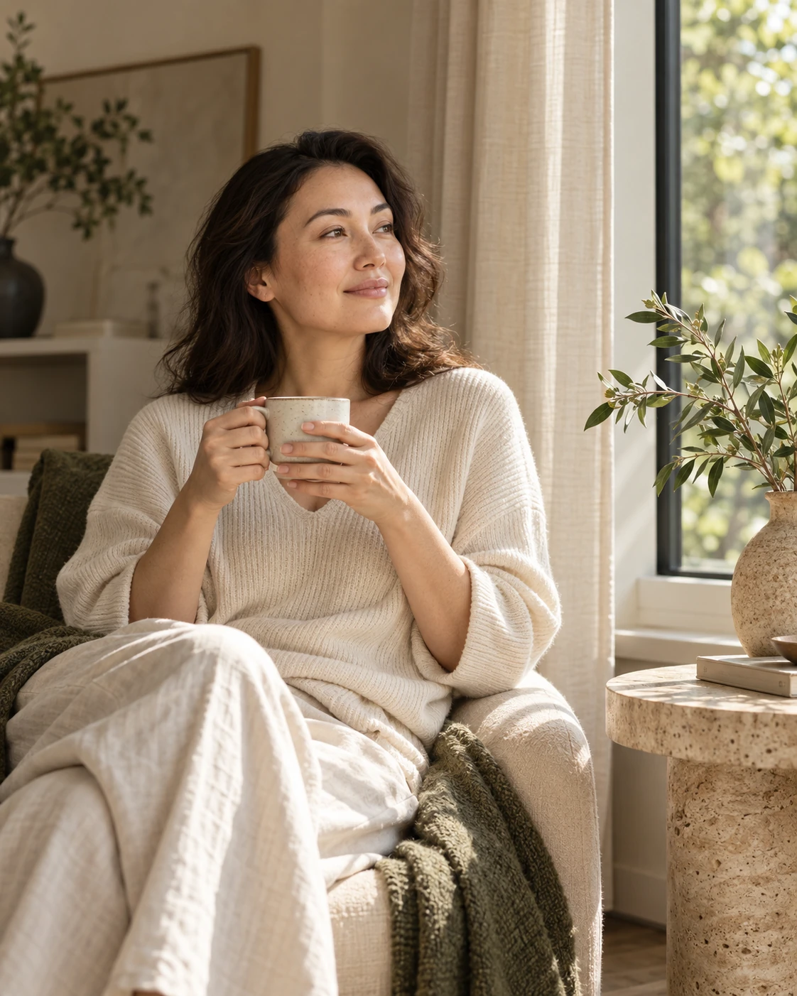 A quiet moment at home: a cup of tea beside a bright window