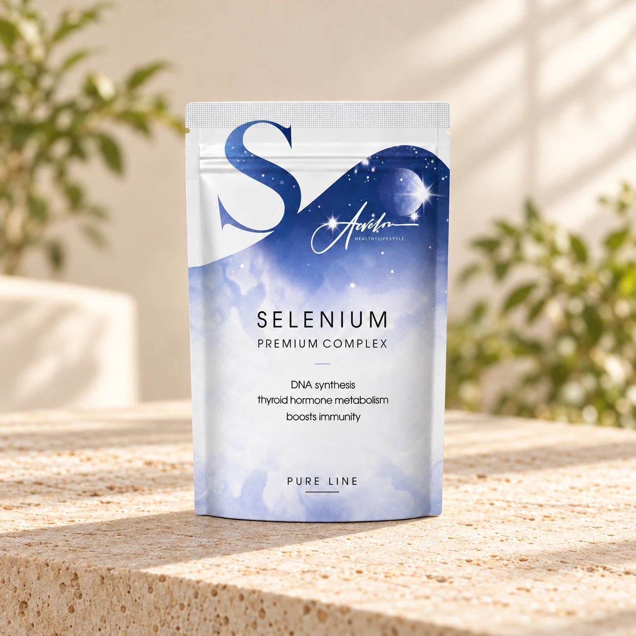 Бело-синяя упаковка линейки Acvelon Selenium Premium Complex; количество таблеток на фото не указано